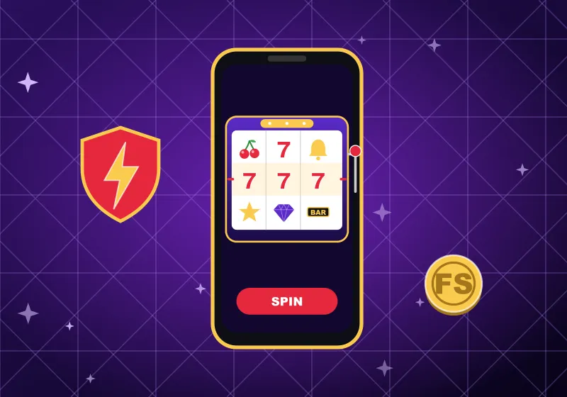 Casino Vegas Hero on mobile Phone with pokies reels, a SPIN button and the Vegas Hero shield